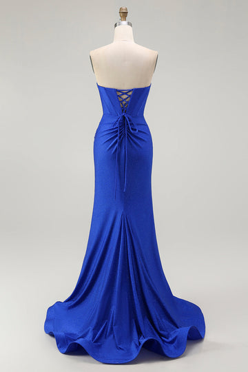 Vestido largo de fiesta con cuentas y cordones en la espalda sin tirantes de sirena azul real con abertura